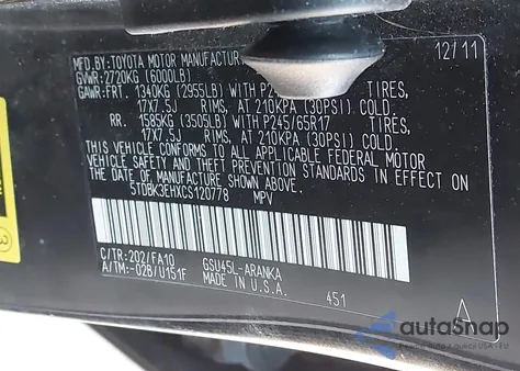 2012 Toyota Highlander Base V6 z USA, uszkodzony, nr VIN 5TDBK3EHXCS120778